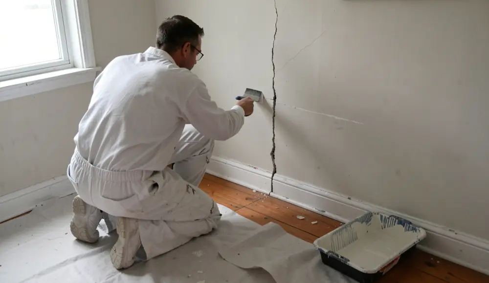 Un peintre rebouche un mur de chambre avant la peinture